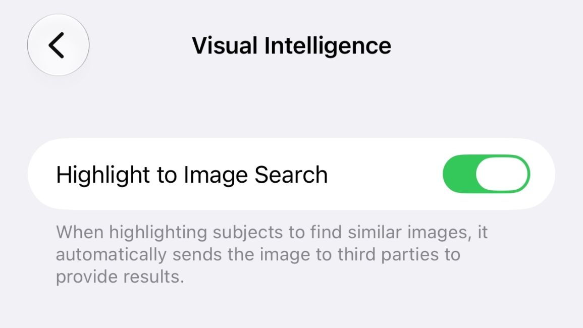 iPhone screenshot showing Highlight to Image Search toggle in iOS 27