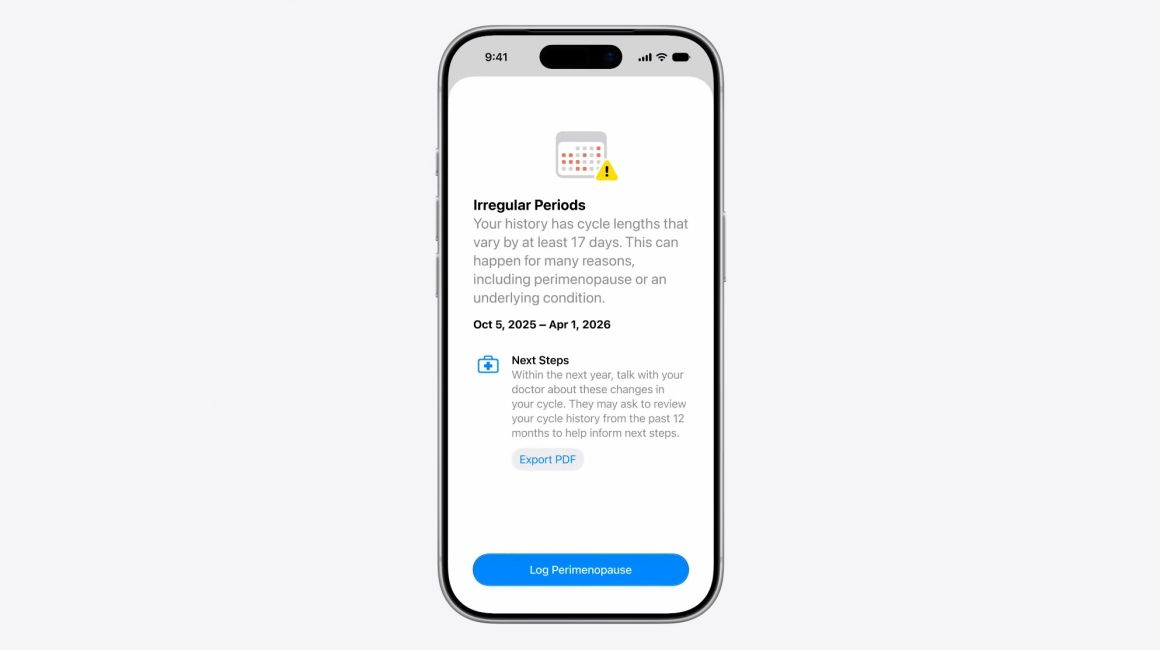 Irregular period detection showcased on iOS 27 Health App