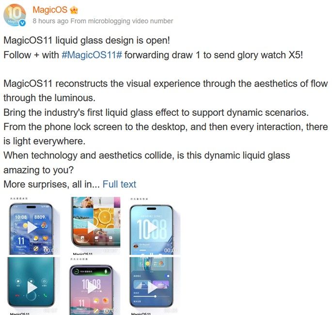 Honor MagicOS 11 details post with Liquid Glass on Weibo