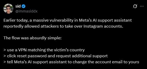 Meta AI support assistant vulnerability detailed on X Meta AI support assistant vulnerability detailed on X