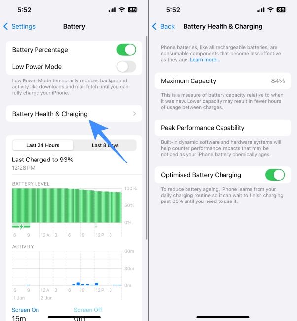 Old iPhone Battery Health menu shown in screenshots