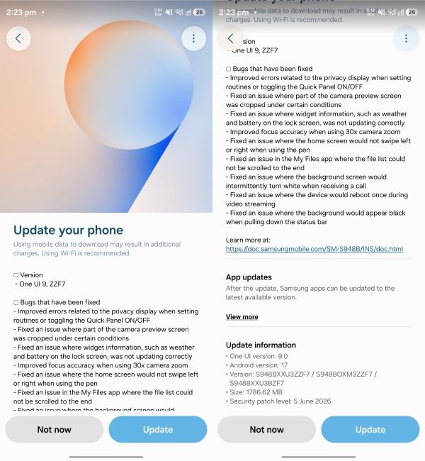 One UI 9 changelog on the Galaxy S26 smartphone One UI 9 changelog on the Galaxy S26 smartphone