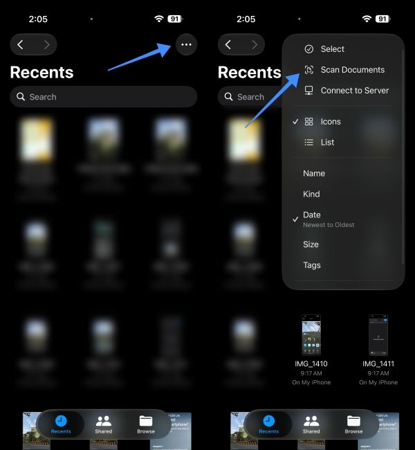 Open Files app and select three dots in the top right 