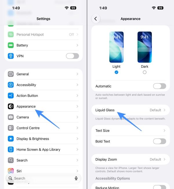 Open Settings and go to Appearance and Liquid Glass on iPhone running iOS 27 Open Settings and go to Appearance and Liquid Glass on iPhone running iOS 27