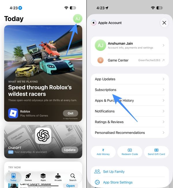 Open Subscriptions page in App Store Open Subscriptions page in App Store