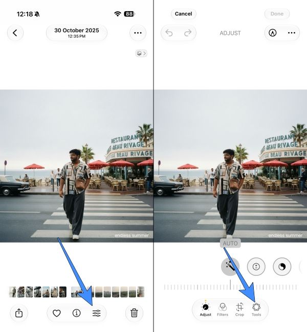 Open the Edit option and select Tools in the Photos app