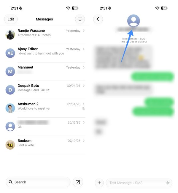 Open the spam coversation on iPhone