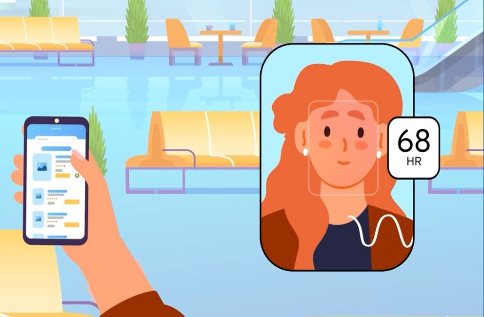 Illustration of a phone measuring a person's heart rate using the front camera