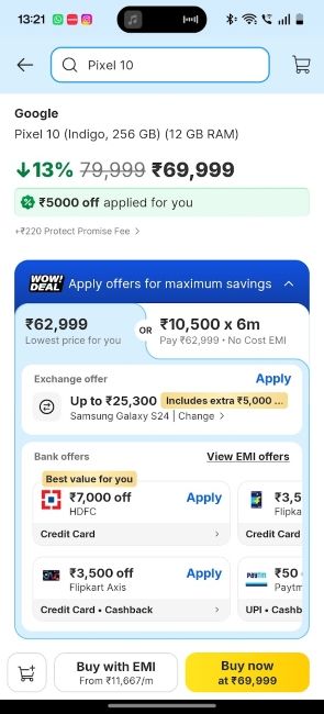 Google Pixel 10 flipkart offer price page