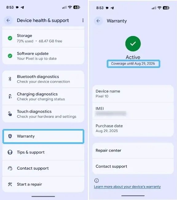 screenshot from pixel phone showing warranty information