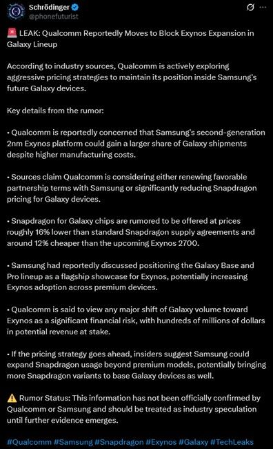 X post about Samsung and Qualcomm partnering in the future for 2nm processors