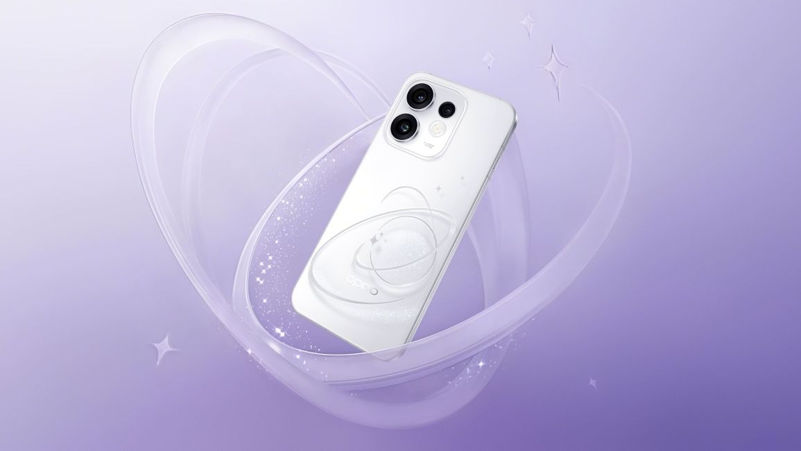 Oppo Reno 16 from the back in Starry white with purple background Oppo Reno 16 from the back in Starry white with purple background