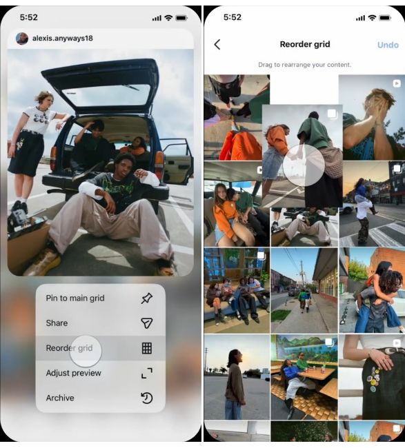 Instagram feature demonstration to reorder grid