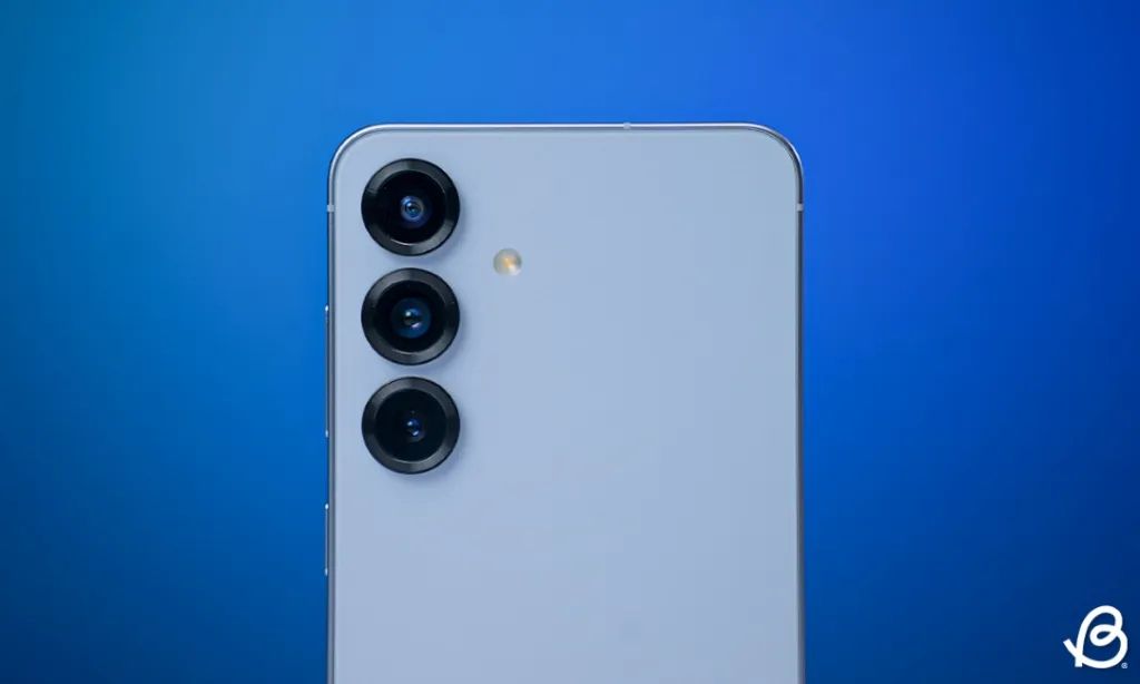 Samsung Galaxy S25 phone in blue colourway from the back with cameras closeup