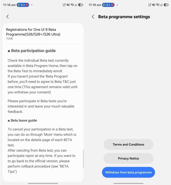 Samsung One UI beta option to withdraw from beta Samsung One UI beta option to withdraw from beta