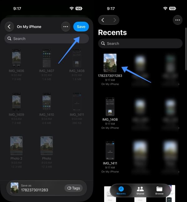 Save image to Files app and long press a single image