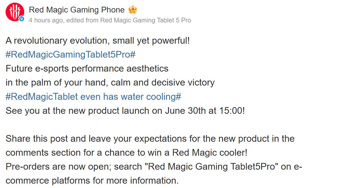 RedMagic Gaming Tablet 5 Pro China launch date