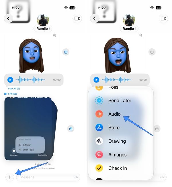 Select Audio option in the iMessage attachment menu 