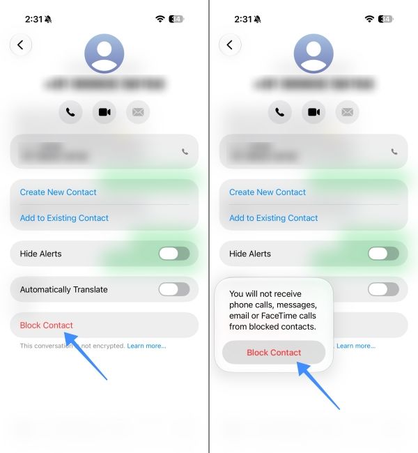 Select block contact option to block spam number