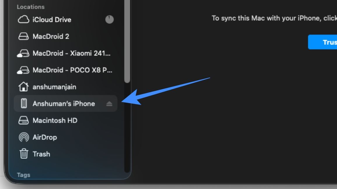 Select iPhone from the Mac Finder app Select iPhone from the Mac Finder app