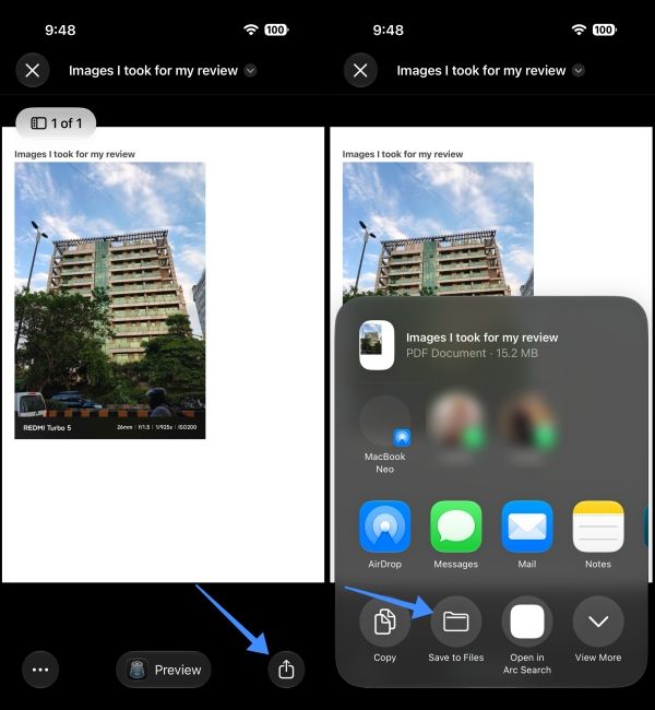 Share the PDF preview again and tap the Save to Files option