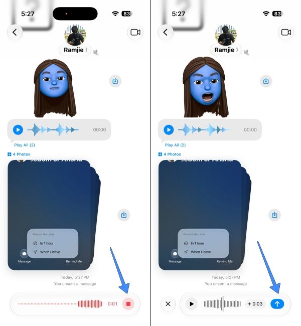 Stop and send voice note in iMessage