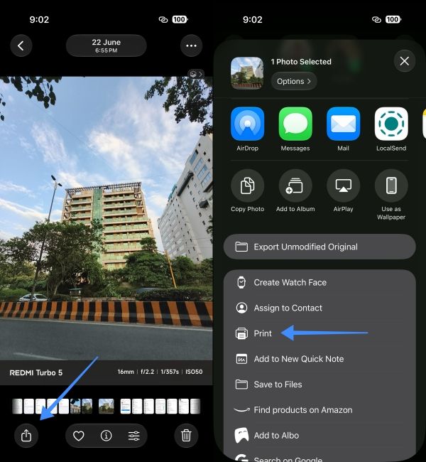 Tap Share icon on an image and select Print