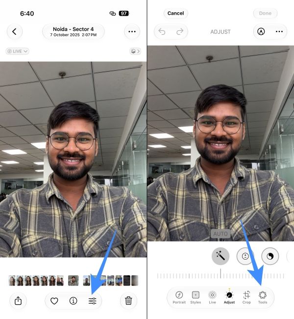 Tap on Edit option and select Tools in the iOS 27 Photos app