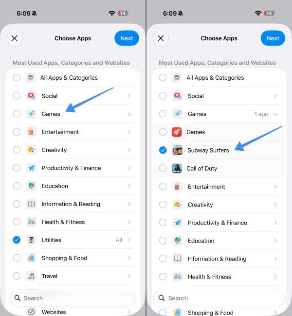 Tap on a category and select the app you want to set an App Limit for