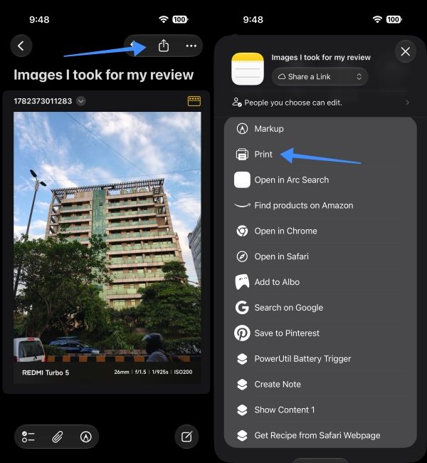 Tap on share and go to Print Again