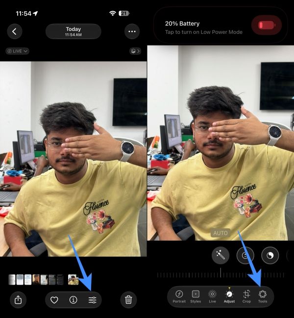 Tap on the Edit icon in the Photos app and go to Tools Tap on the Edit icon in the Photos app and go to Tools
