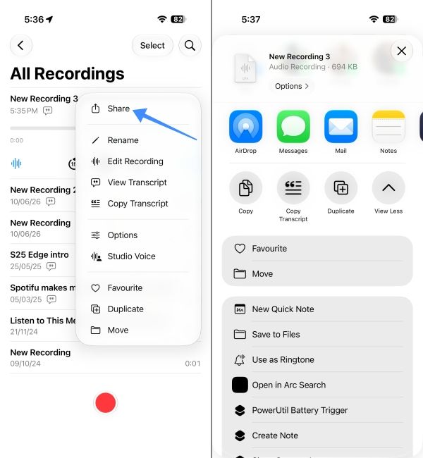 Tap the share option and select the app you want to share it with