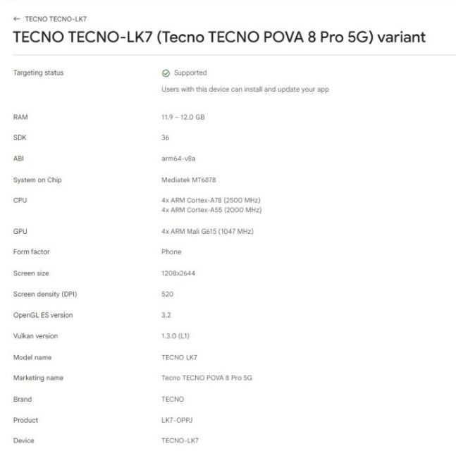 Tecno Pova 8 Pro Play Console specifications Tecno Pova 8 Pro Play Console specifications