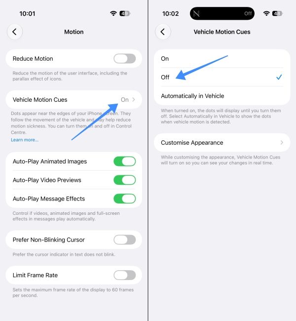 Turn off Motion Cues