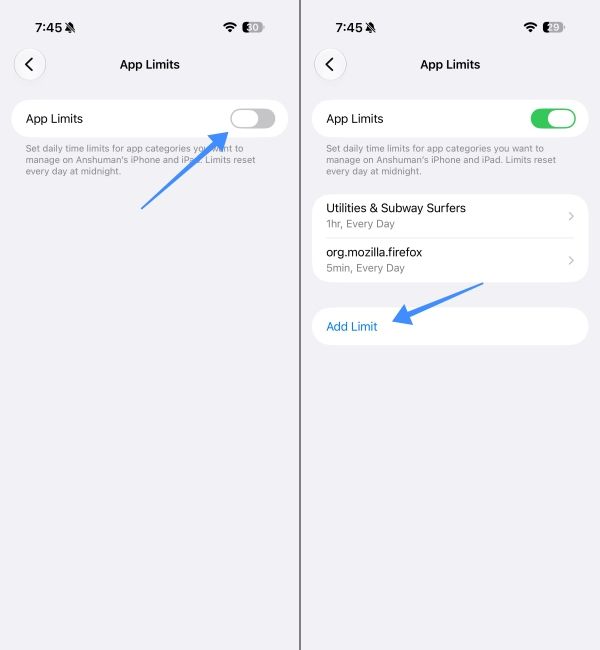 Turn on App Limits and go to App Limit
