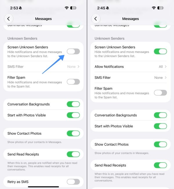 Turn on Unknown Number filter in Messages App 