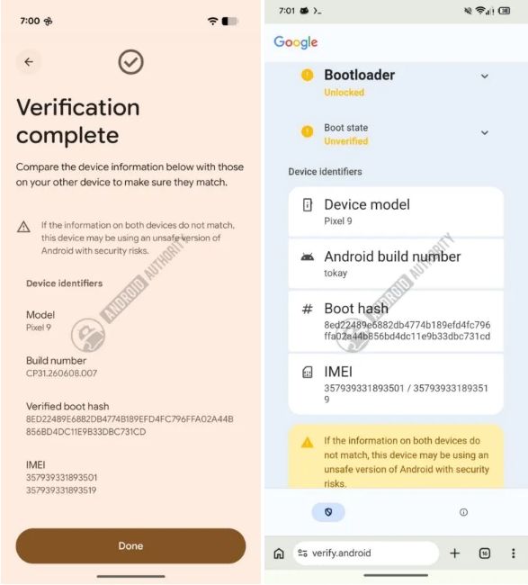 Android verification complete with suspected device and trusted device screens