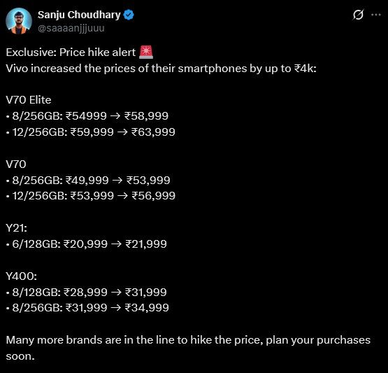 Vivo smartphones price increase post by Sanju on X Vivo smartphones price increase post by Sanju on X