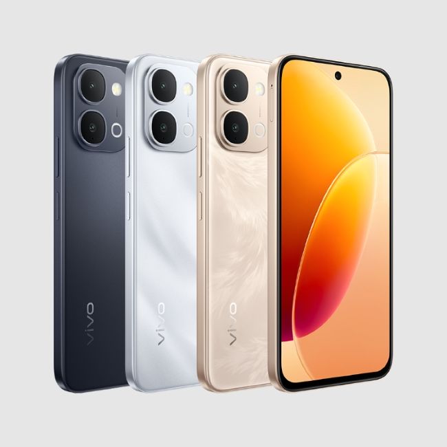 Vivo Y6a in gold, white and black colourways from the front and back