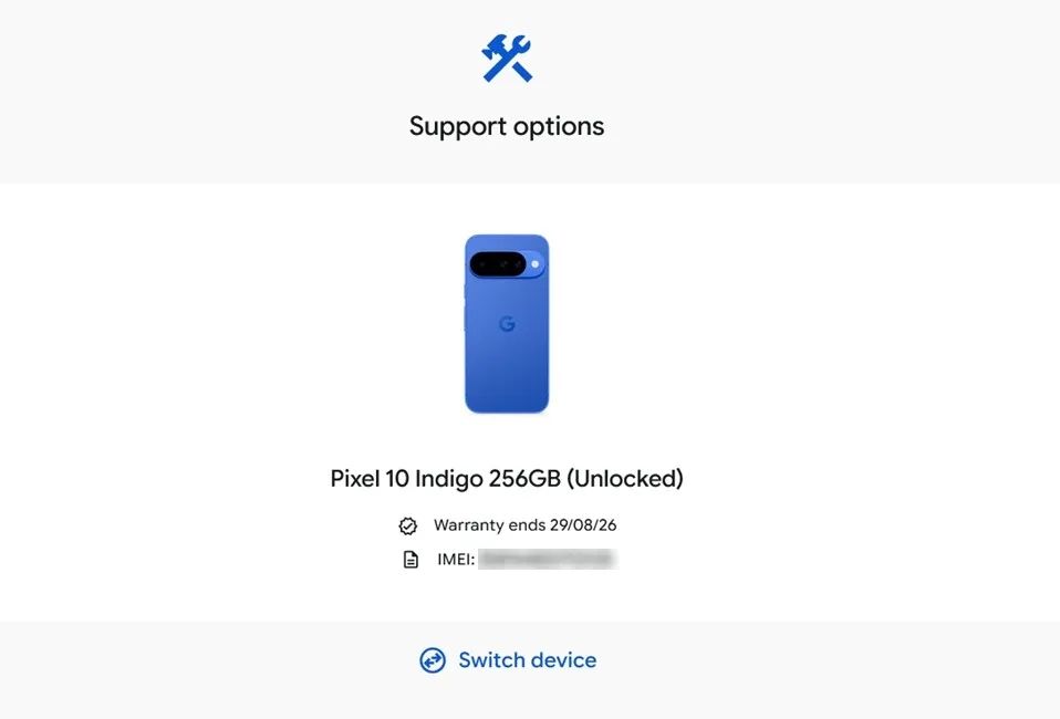 screenshot showing warranty information of google pixel 10