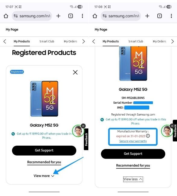 screenshot from samsung phone showing warranty information