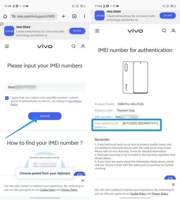 screenshot from vivo phone showing warranty information