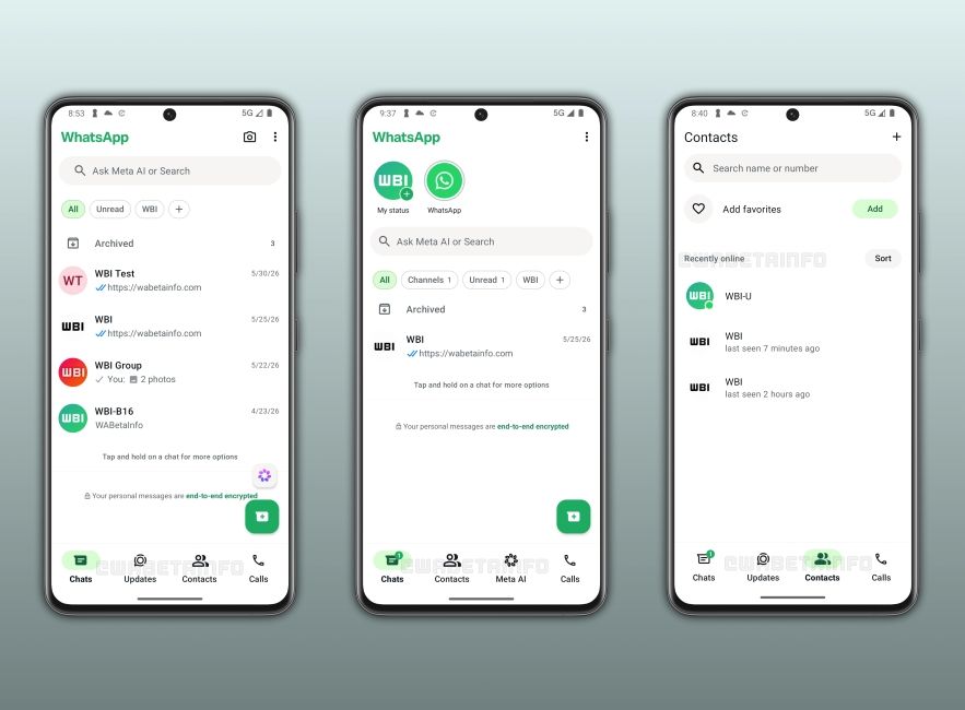 WhatsApp new navigation bar UI with Contacts and Meta AI tabs in action