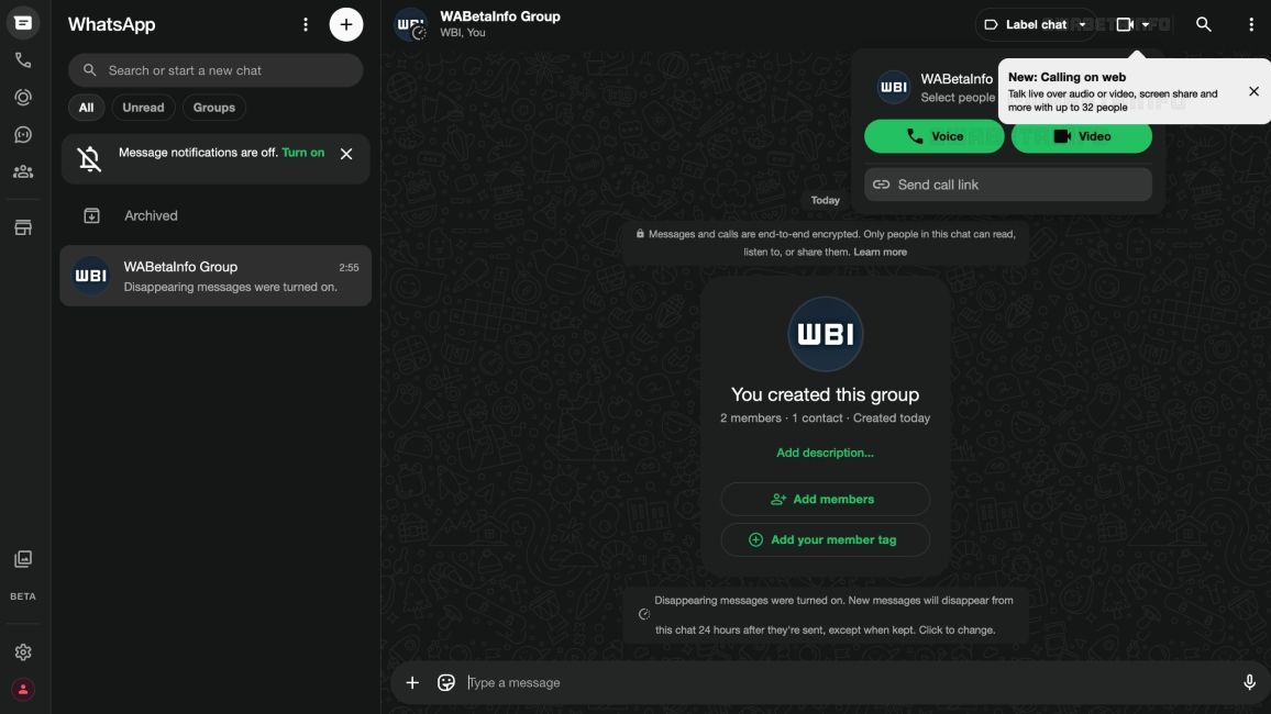 WhatsApp Web with a new group voice and video call option WhatsApp Web with a new group voice and video call option
