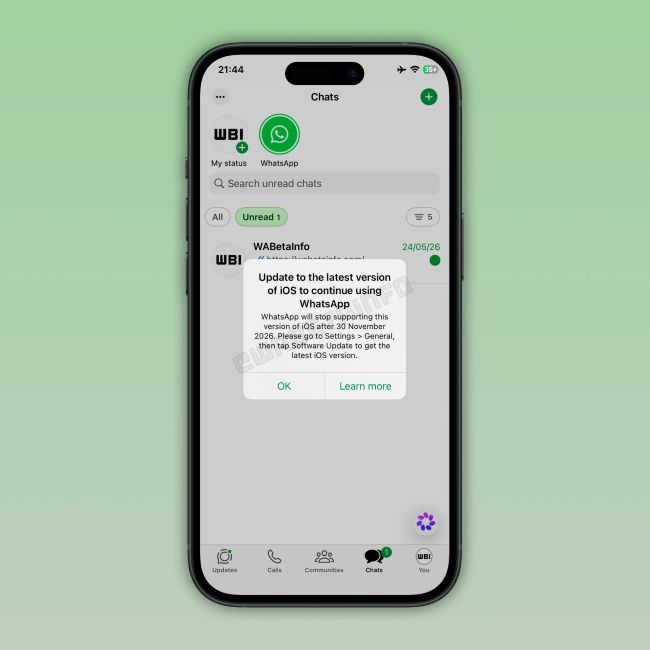 WhatsApp end of support message for iOS 15.4 and below WhatsApp end of support message for iOS 15.4 and below