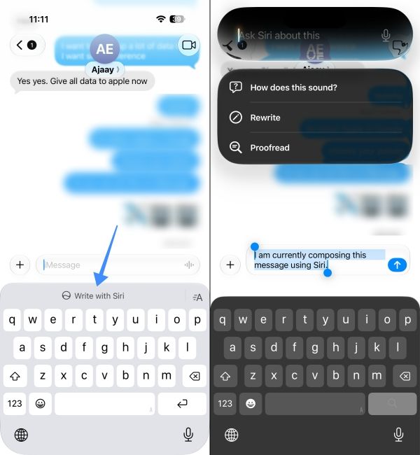 Write with Siri feature showcase in Messages app on iPhone