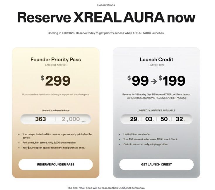 XREAL AURA reservation passes with additional launch credits
