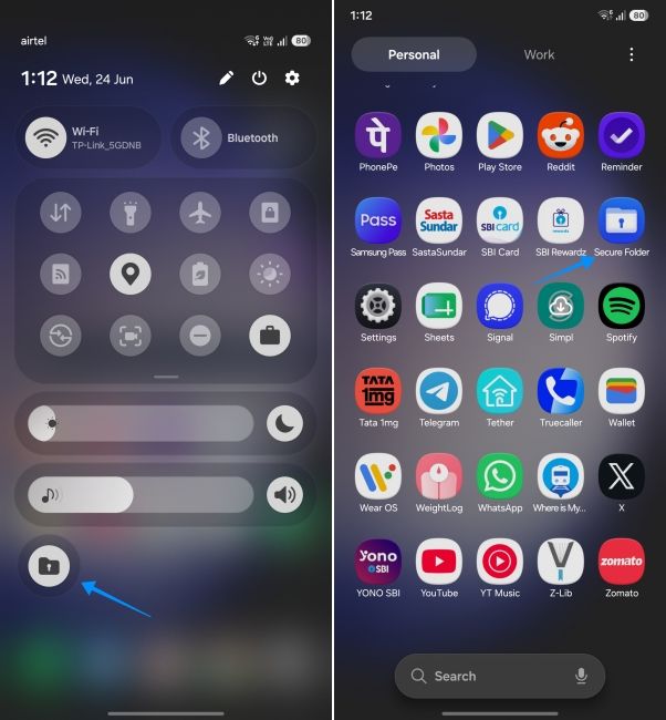 screenshot from a samsung phone showing how to access secure folder
