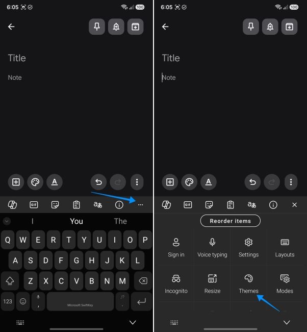 screenshot from a android phone showing how to access swiftkey themes setting