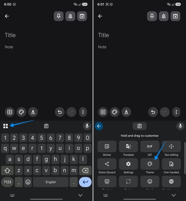 screenshot from an android phone showing how to open gboard's theme setting